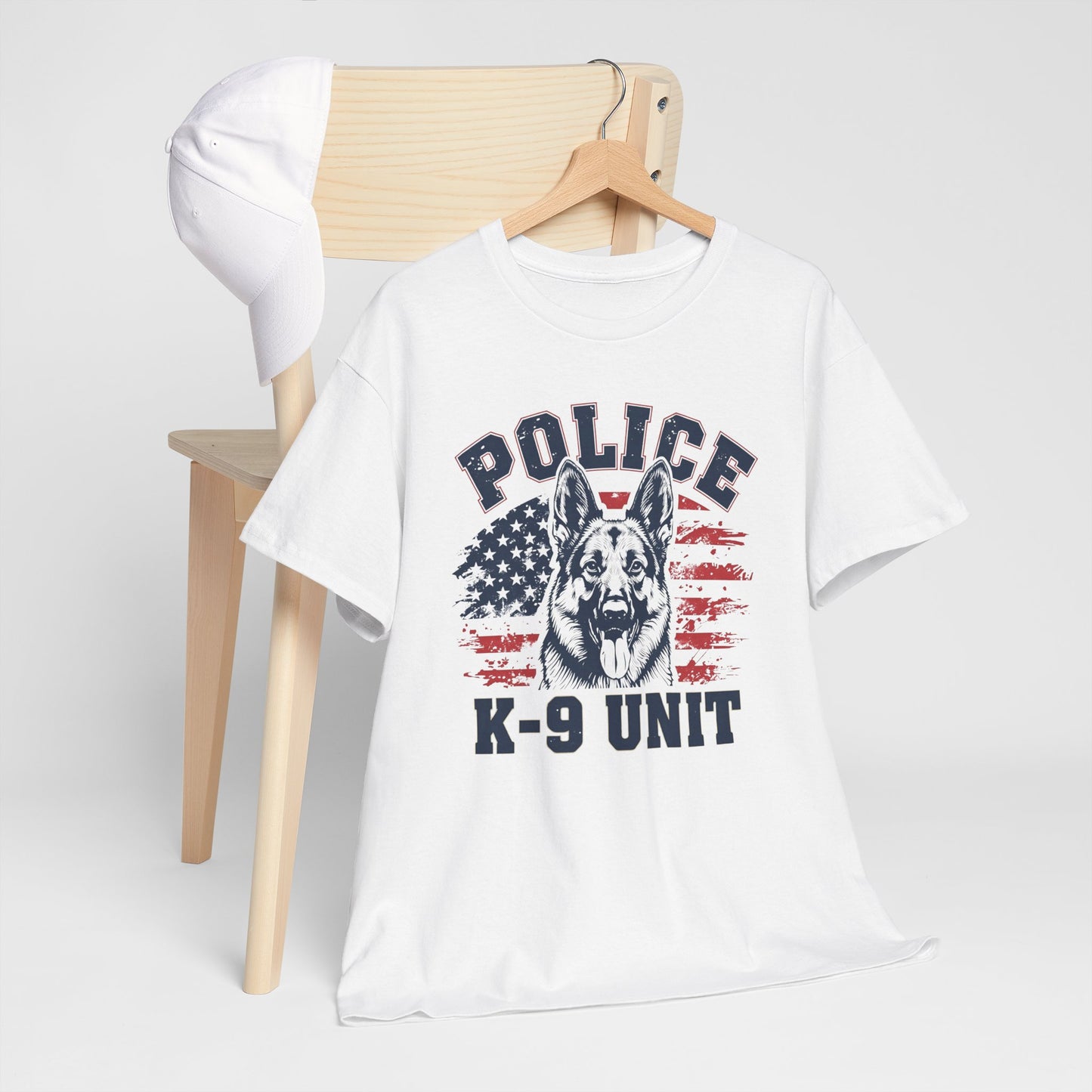 Patriotic Police K-9 Unit T-Shirt With American Flag in Background, Unisex Heavy Cotton Tee