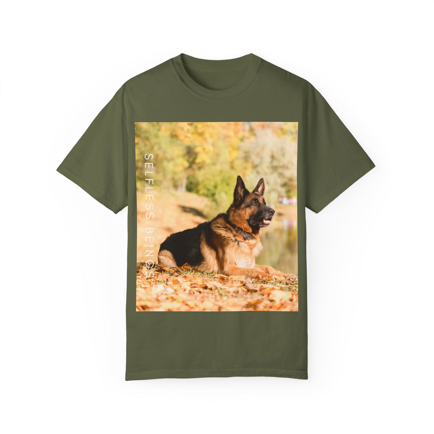 Unisex Dog Lover T-Shirt With a German Shepherd Resting in the Autumn Park on Leaves Near a Pond and Caption Selfless Beings