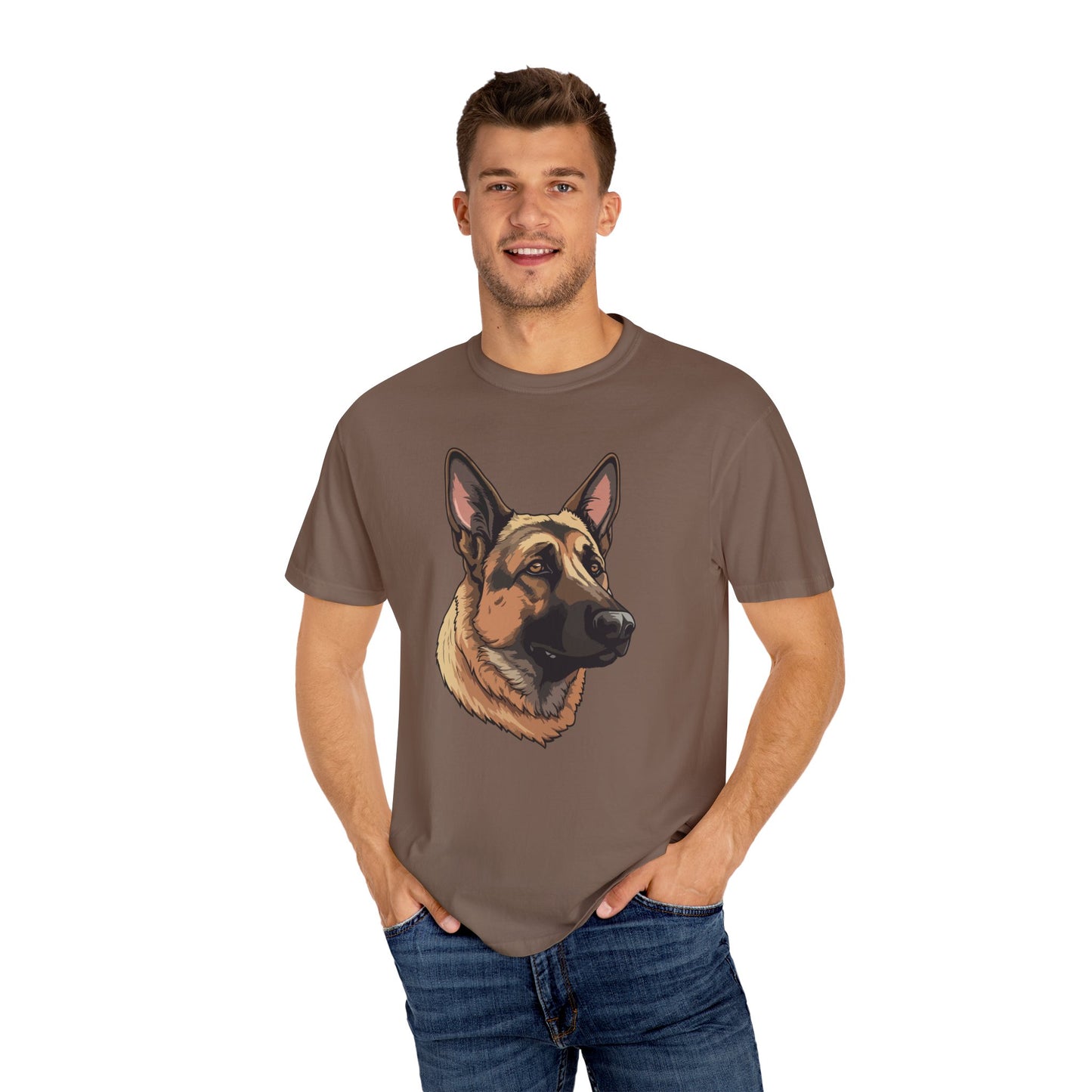 Unisex Dog Lover T-Shirt With a Close Up Graphic of Serious German Shepherd