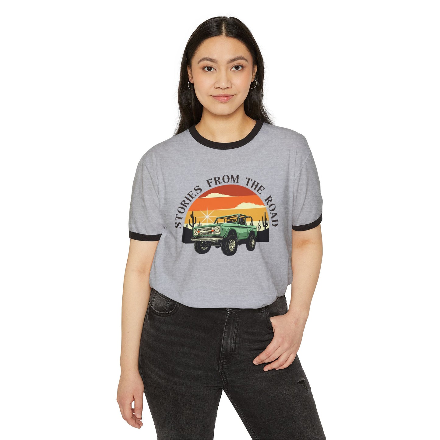 Vintage Stories from the Road Unisex Cotton Ringer T-Shirt, Retro Adventure Tee, Travel Lovers Gift, Road Trip Apparel, Casual