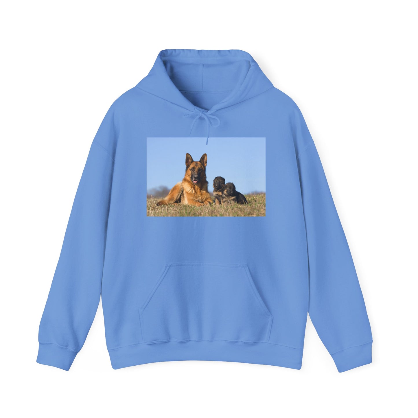 A Unisex Dog Lover Hoodie With a German Shepherd Lying on the Grass With Two Puppies