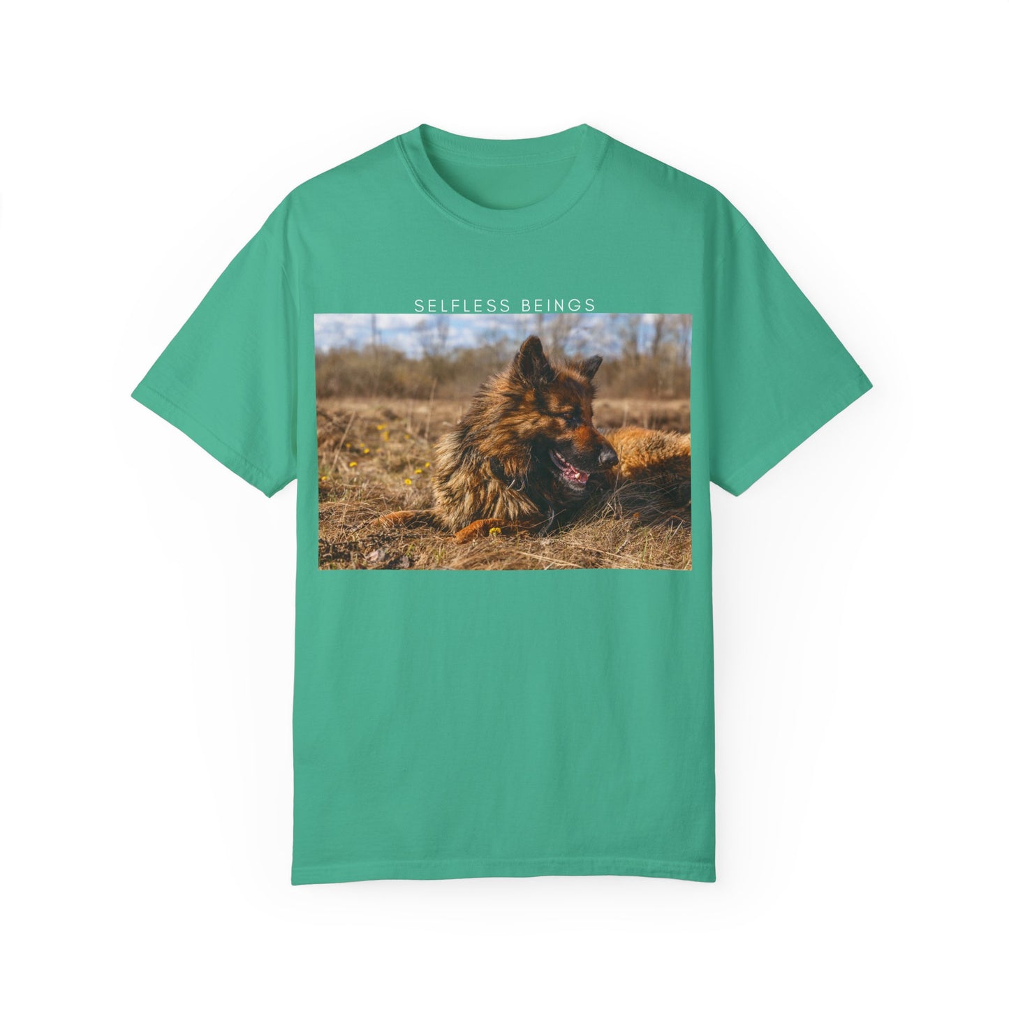 Unisex Dog Lover T-Shirt With a German Shepherd Lying on the Dry Grass in Spring and Caption Selfless Beings