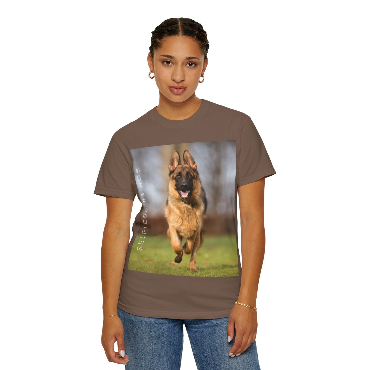 Unisex Dog Lover T-Shirt With Large German Shepherd Running on the Grass and Caption Selfless Beings