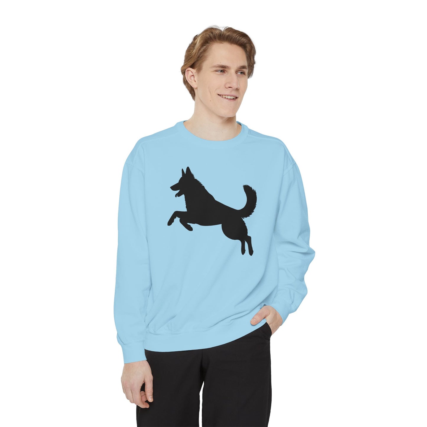Unisex Dog Lover Sweatshirt With a Graphic of Solid Black German Shepherd Jumping in the Air