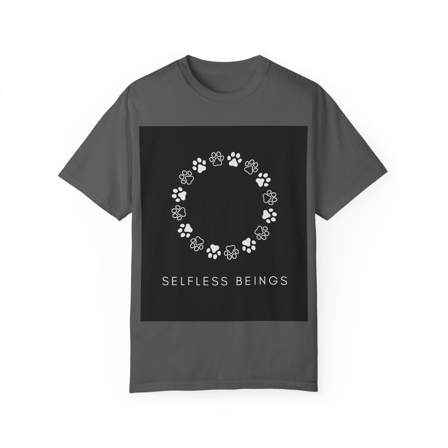 Unisex Dog Lover T-Shirt With Circular Frame Made of Dog Paw Prints and Caption Selfless Beings