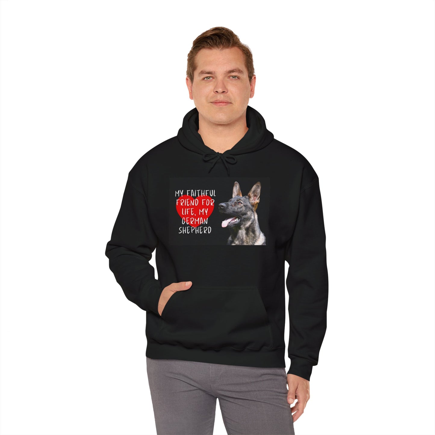 Unisex Dog Lover Hoodie With a Working Line German Shepherd and Caption Faithful Friend on Top of Red Heart