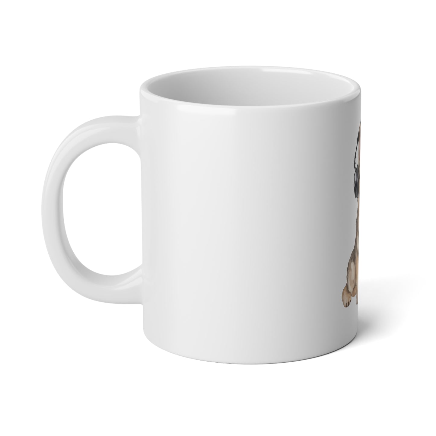 White Jumbo Dog Lover Mug -20oz with a Graphic of German Shepherd Wearing Headphones
