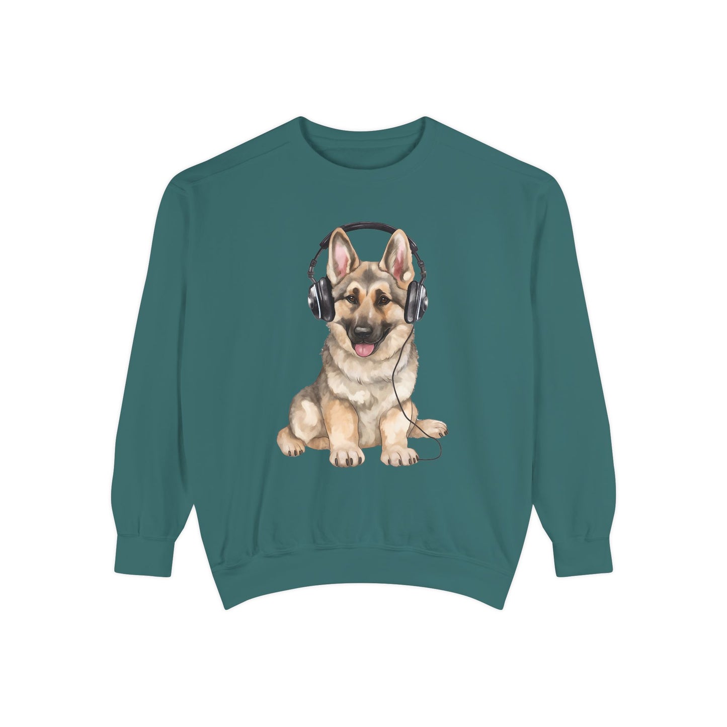 Unisex Dog Lover Sweatshirt With a German Shepherd Wearing Headphones Enjoying Music
