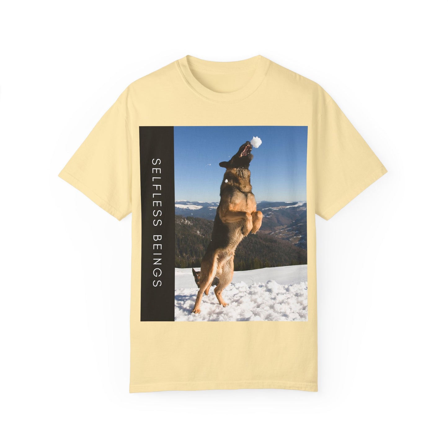 Unisex Dog Lover T-Shirt With a German Shepherd Jumps Upward to Catch a Small Snowball With Mouth and Caption Selfless Beings