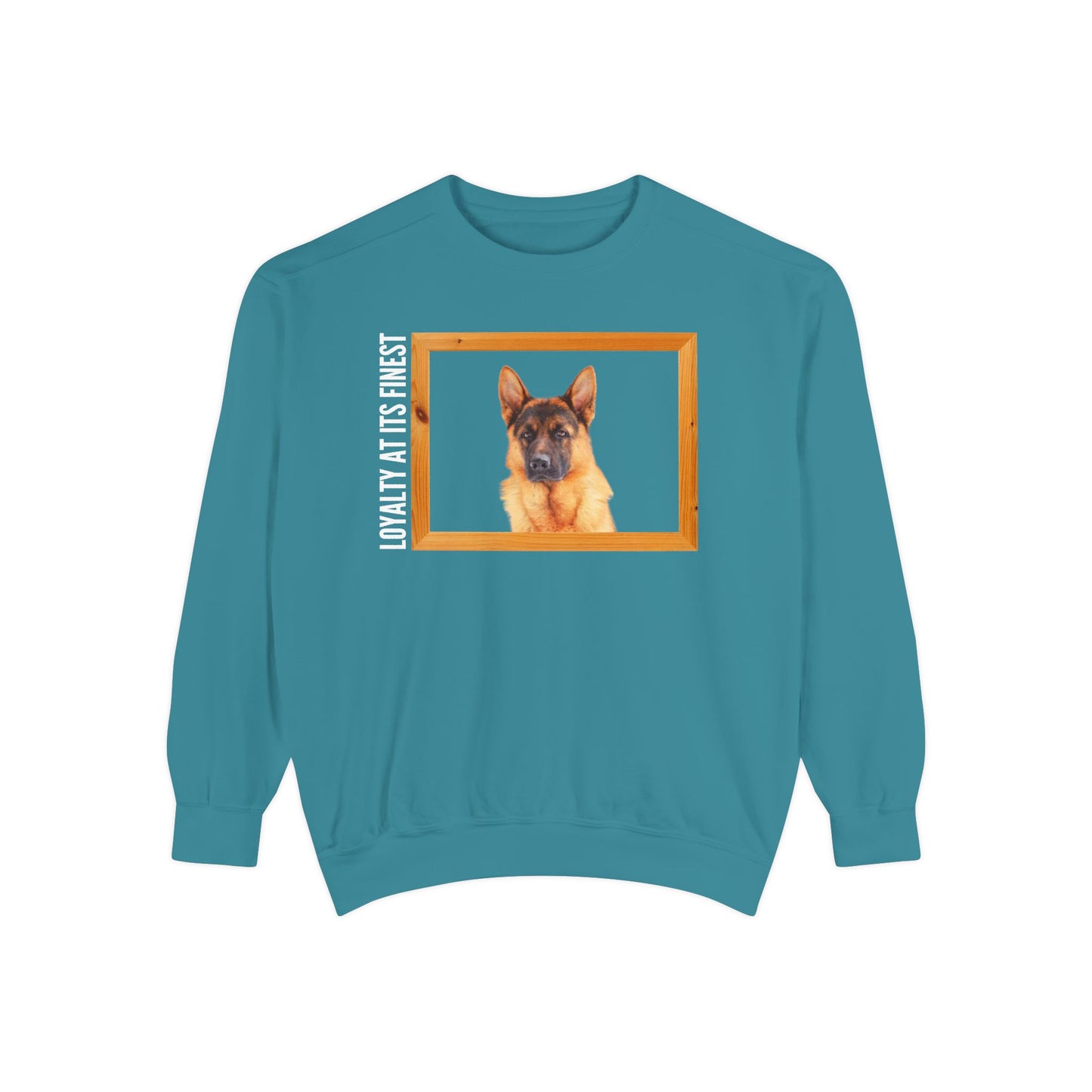 Unisex Dog Lover Sweatshirt With a German Shepherd's Head Inside a Wooden Frame and Caption Loyalty at Its Finest