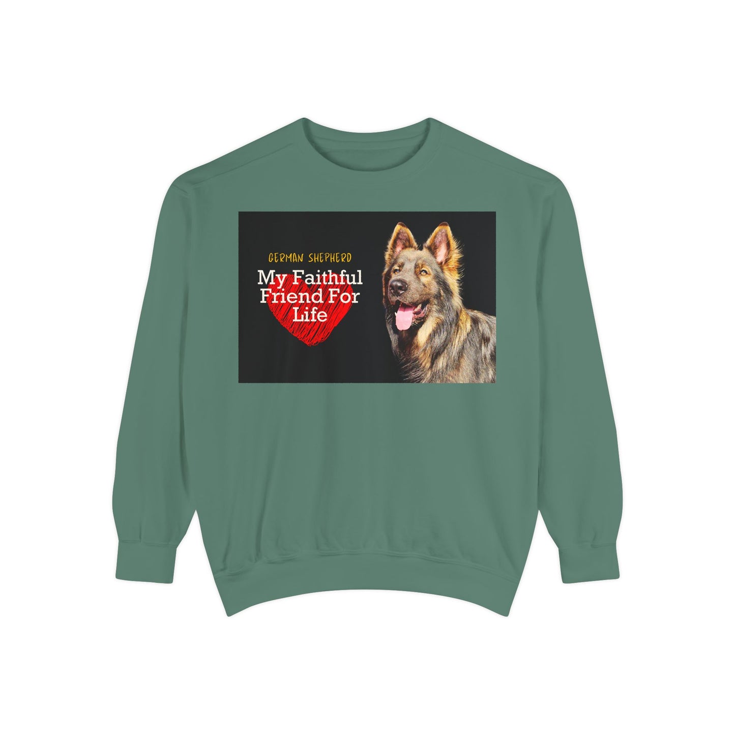 Unisex Dog Lover Sweatshirt With a Giant Old-Fashioned German Shepherd and Caption Faithful Friend on Top of Red Heart