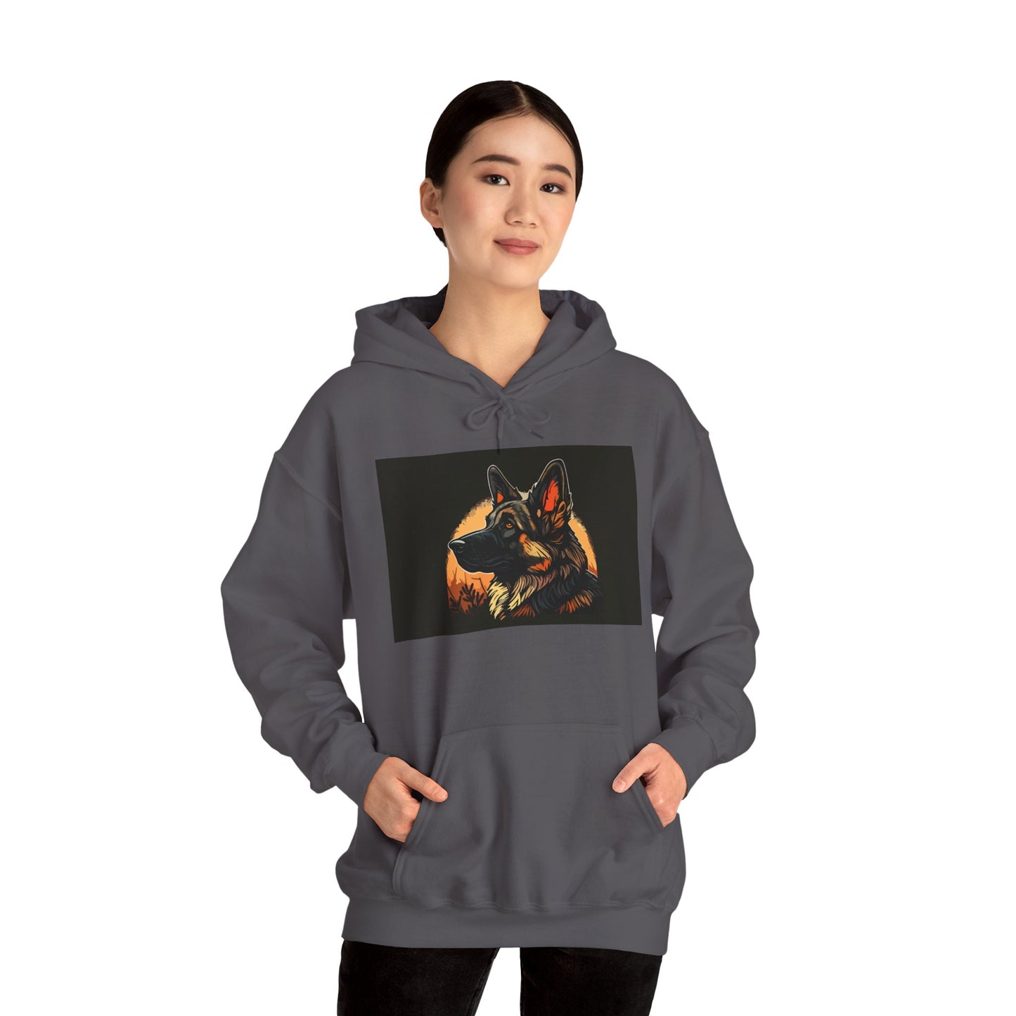 Unisex Dog Lover Hoodie With a Close Up Graphic of a German Shepherd In Front of Moon