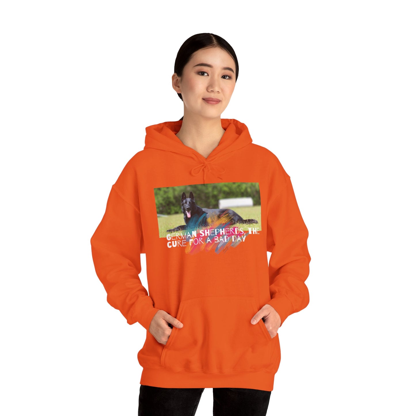 Unisex Dog Lover Hoodie With a Black German Shepherd Leaving Tongue Out and Caption The Cure for Bad Day