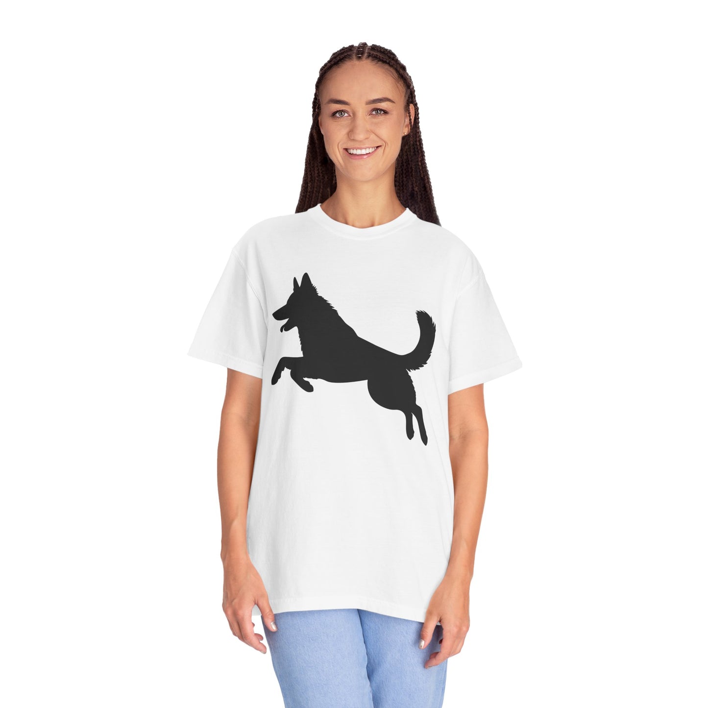 Unisex Dog Lover T-Shirt With a Graphic of Solid Black German Shepherd Jumping in the Air