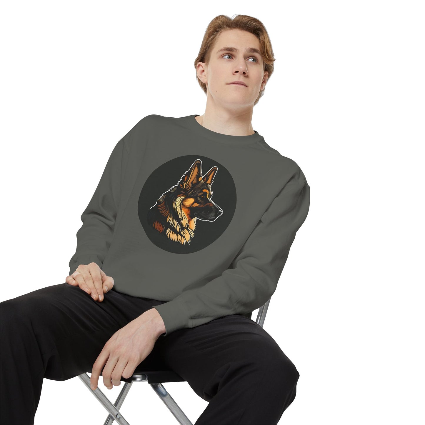 Unisex Dog Lover Sweatshirt With a Close Up Graphic of a German Shepherd Inside a Black Circle