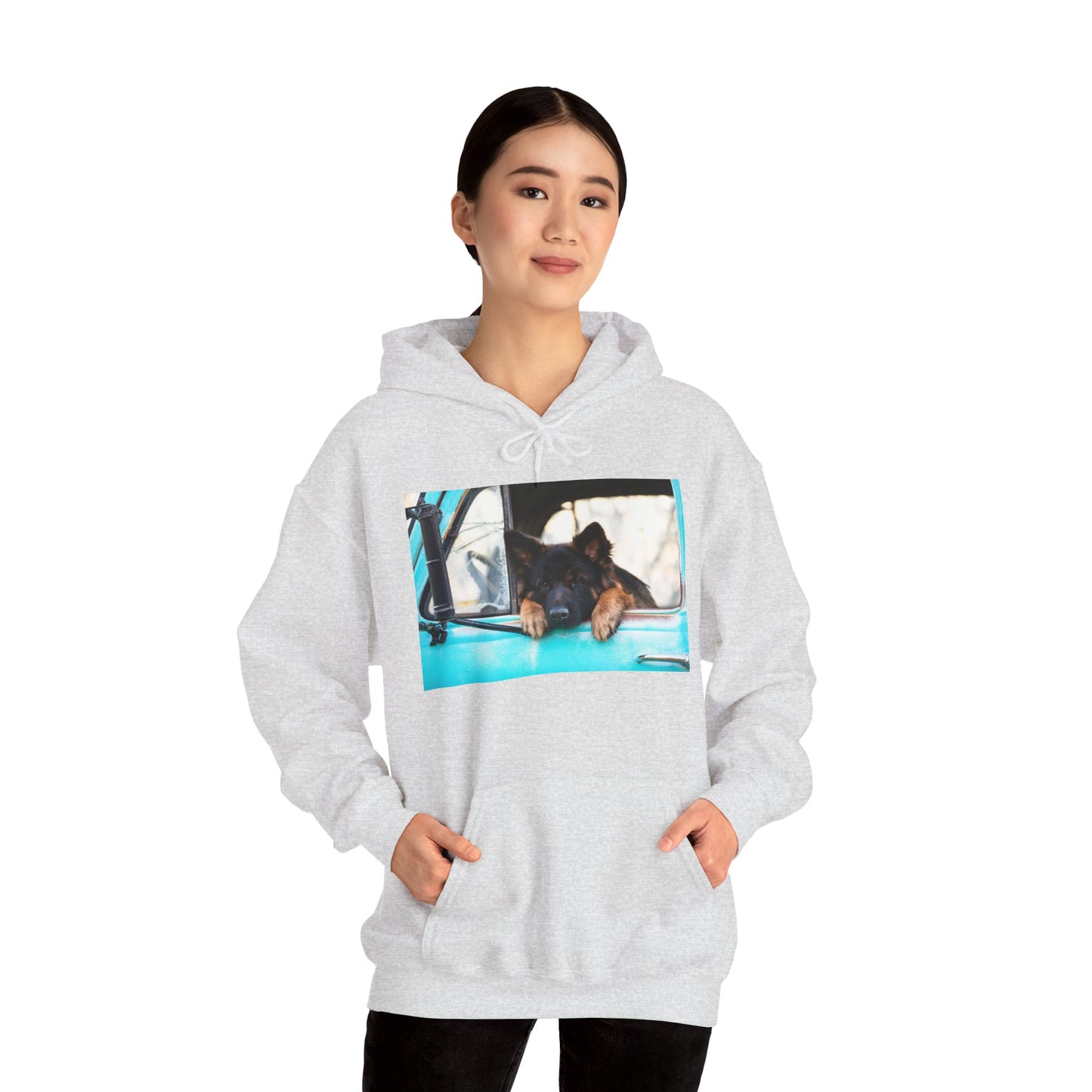 Unisex Dog Lover Hoodie With German Shepherd Puppy Putting His Head and Front Legs On The Truck Seat's Window