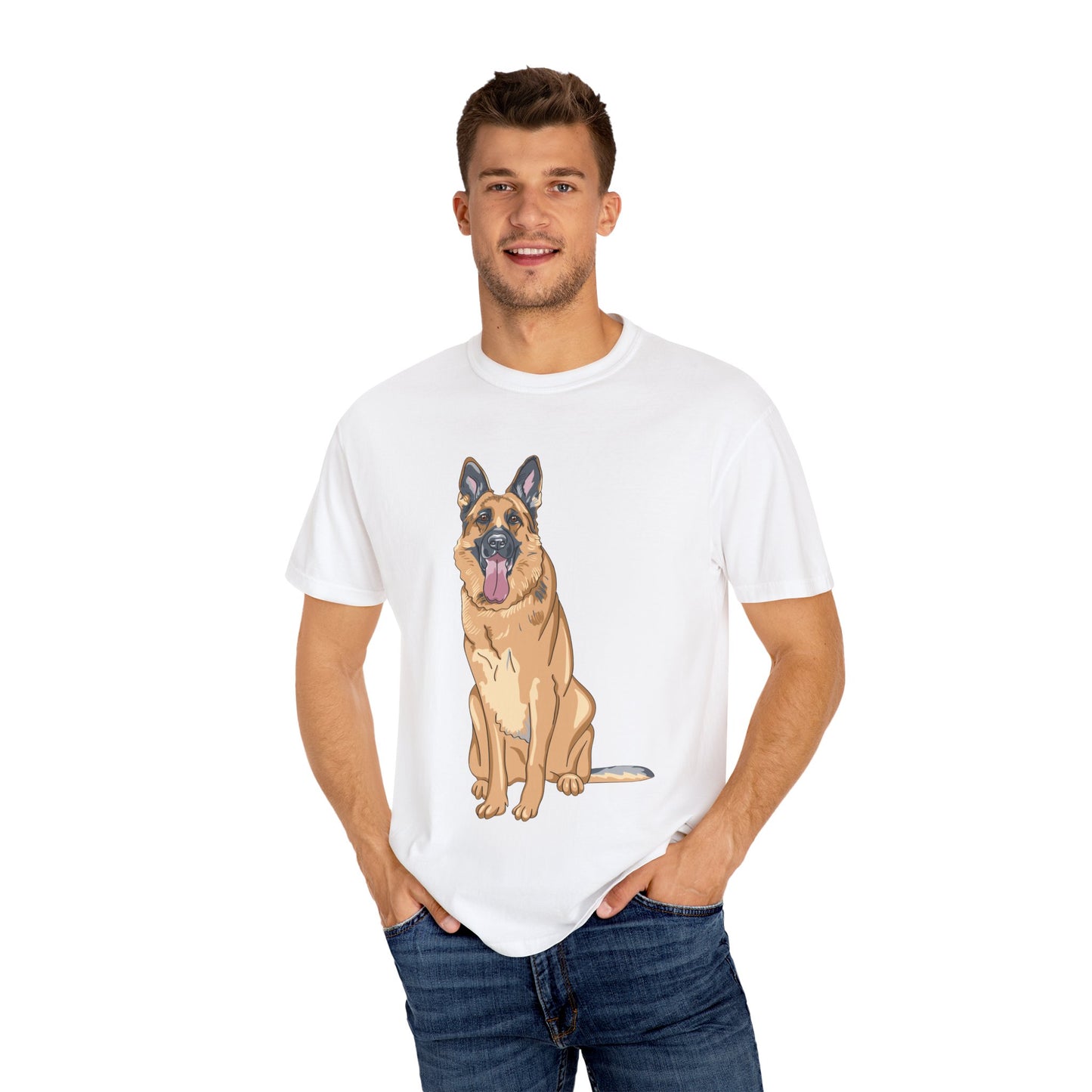 Unisex Dog Lover T-Shirt With Graphic of Giant German Shepherd Sloppily Sitting Leaving Tongue Out