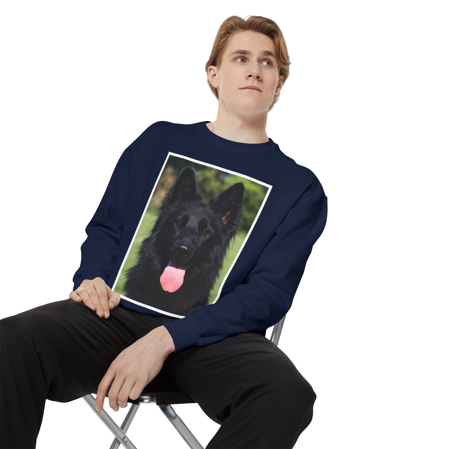 Unisex Dog Lover Sweatshirt With a Close Up of Solid Black German Shepherd Leaving Hanging Tongue