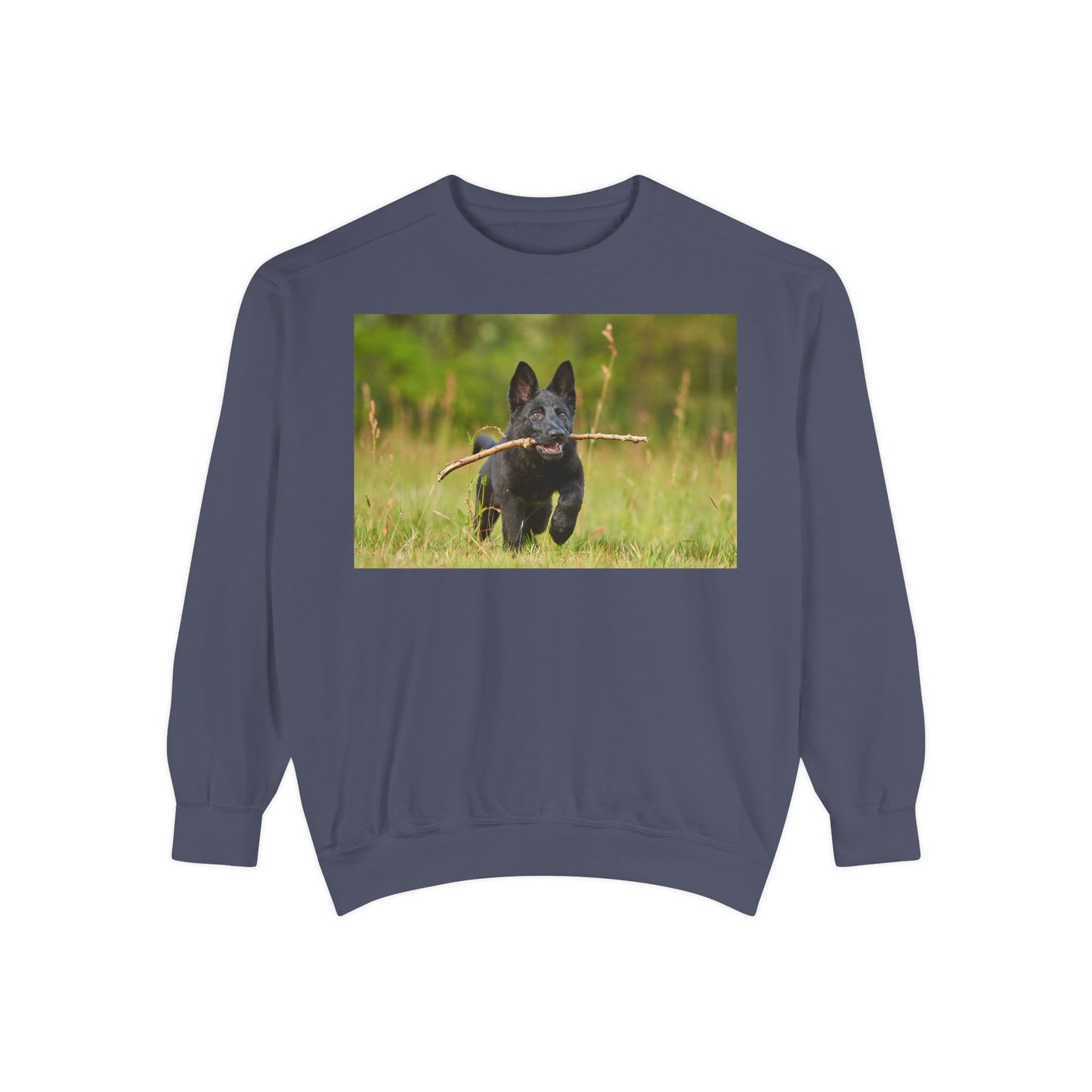 Unisex Dog Lover Sweatshirt With Black German Shepherd Puppy Running on the Grass Holding a Stick in the Mouth