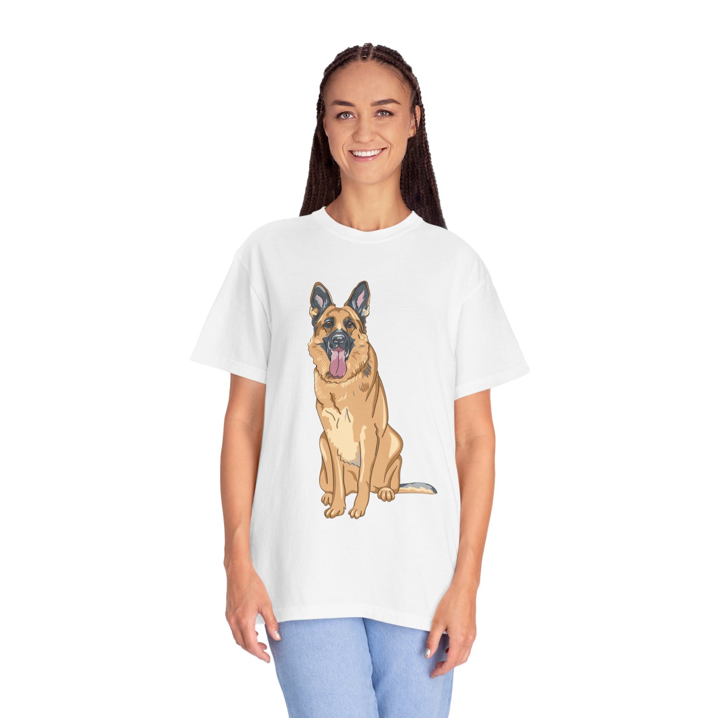 Unisex Dog Lover T-Shirt With Graphic of Giant German Shepherd Sloppily Sitting Leaving Tongue Out