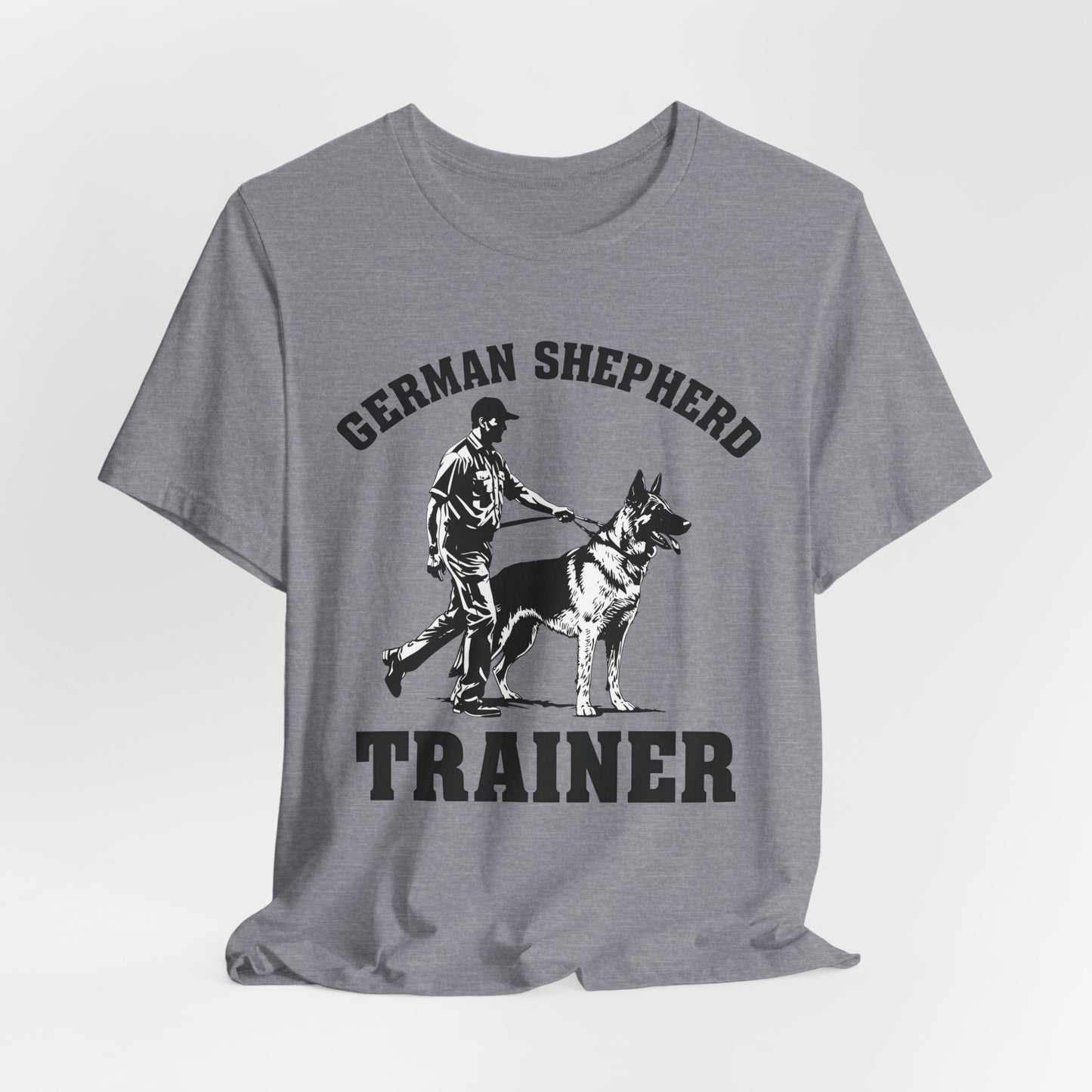 German Shepherd Trainer Tee - Black and White Design of Man Holding a German Shepherd