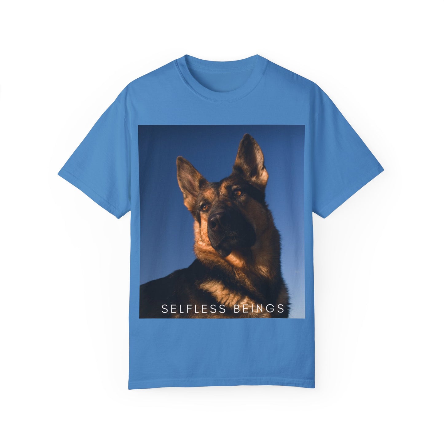 Unisex Dog Lover T-shirt With Close Up Portrait of Giant German Shepherd Turning His Head and Caption Selfless Beings