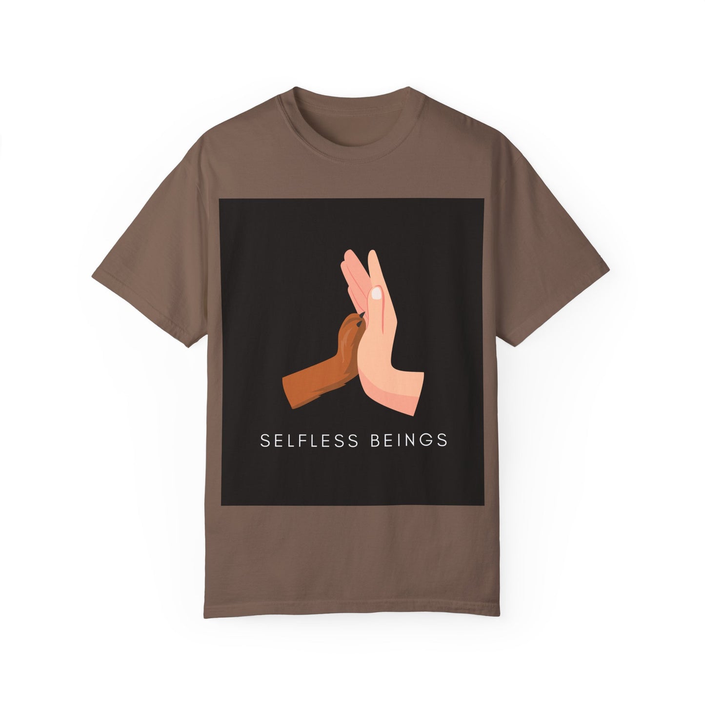 Unisex Dog Lover T-Shirt With Graphic of Human Hand Touching Dog's Paw and Selfless Beings Caption Below
