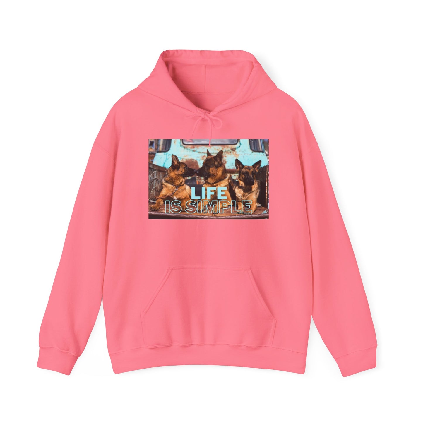 Unisex Dog Lover Hoodie With Three German Shepherds Sitting on the Truck's Cargo Bed and Caption Life is Simple