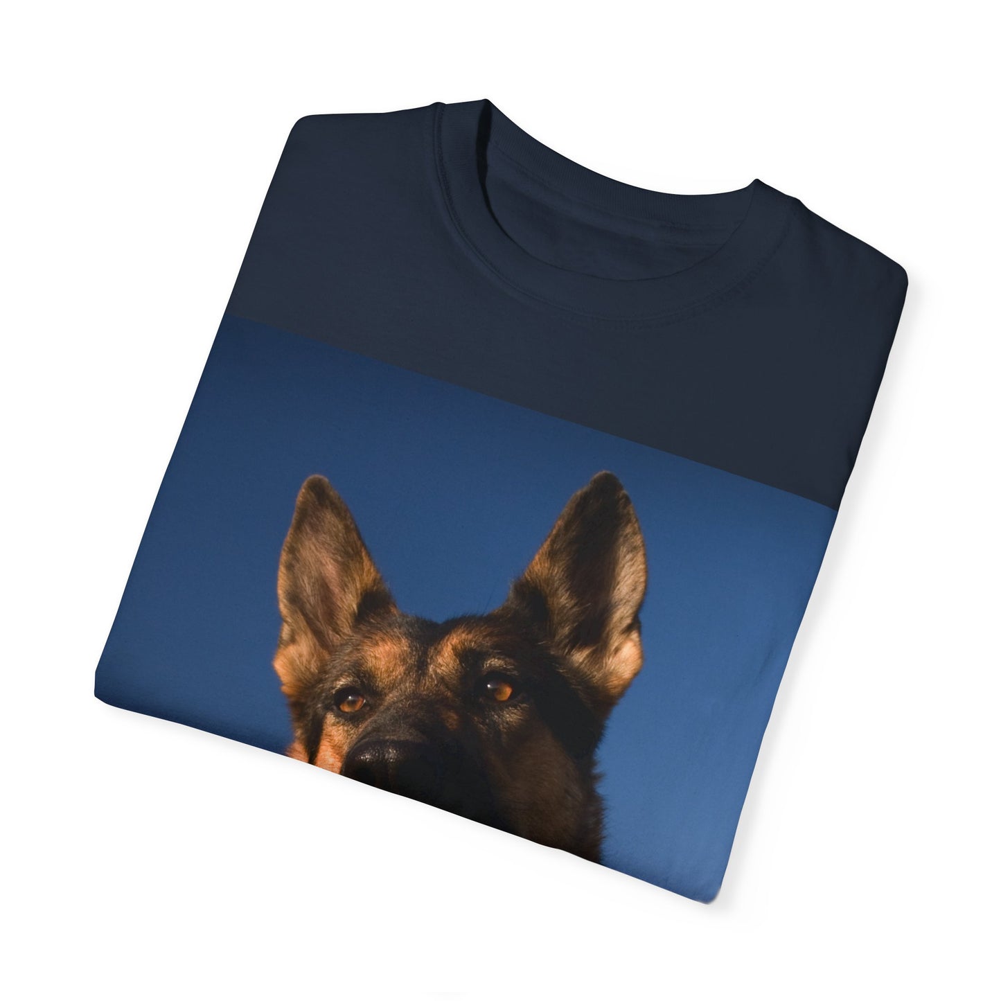 Unisex Dog Lover T-shirt With Close Up Portrait of Giant German Shepherd Turning His Head and Caption Selfless Beings