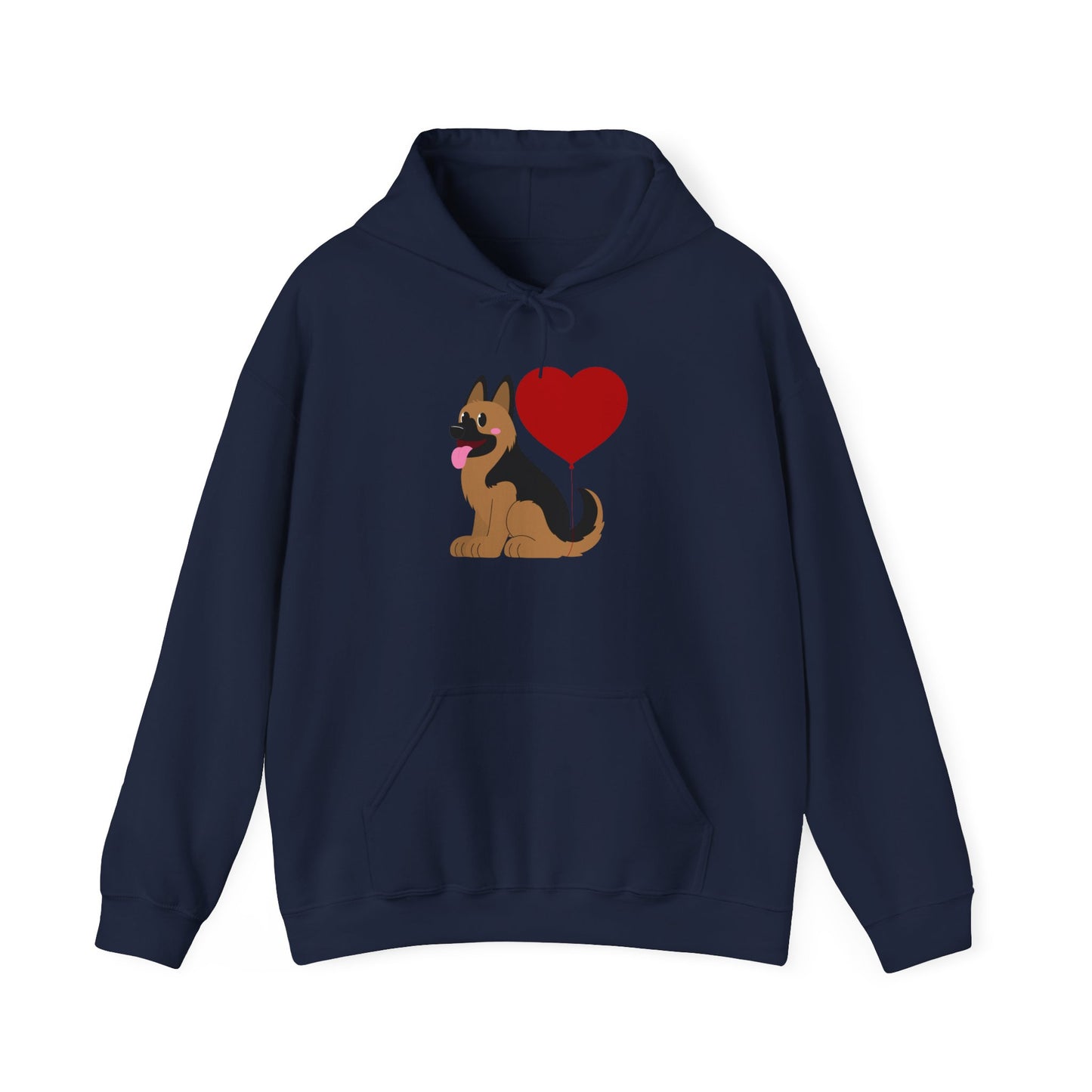 Unisex Dog Lover Hoodie With a Graphic of German Shepherd Puppy and Heart Shaped Balloon Attached With Tail