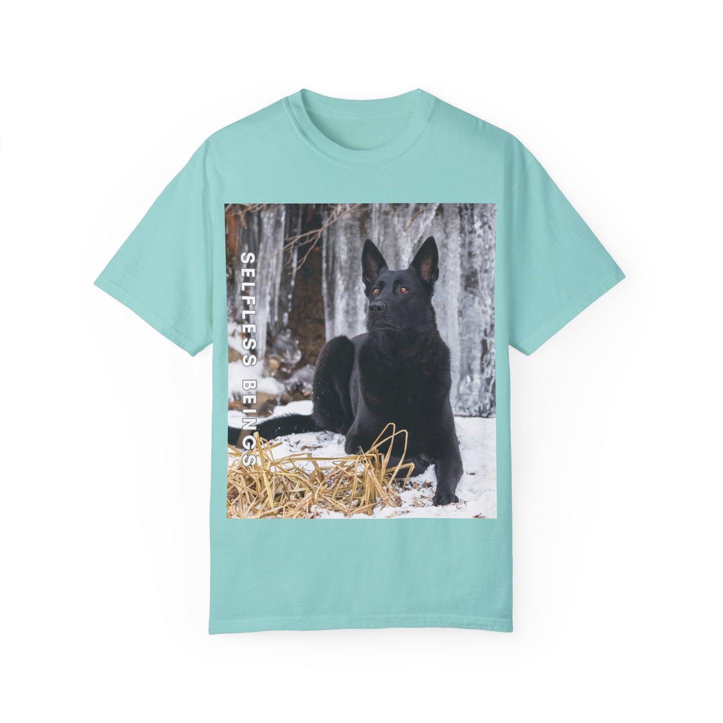 Unisex Dog Lover T-Shirt With Solid Black German Shepherd Sitting on the Snow, Ice Spikes in the Background and Caption Selfless Beings