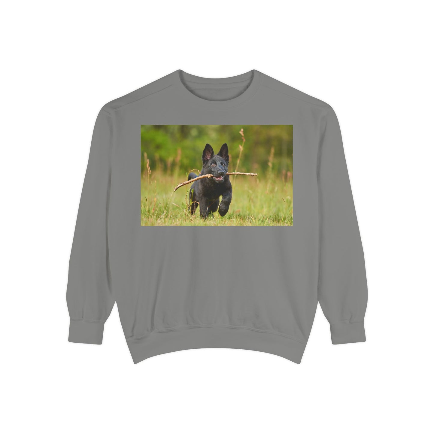 Unisex Dog Lover Sweatshirt With Black German Shepherd Puppy Running on the Grass Holding a Stick in the Mouth