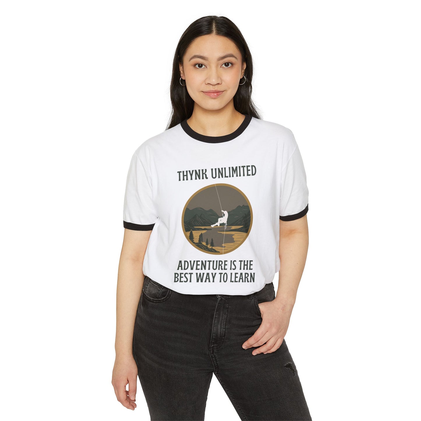 Unisex Adventure Ringer T-Shirt - Think Unlimited Casual Wear, Gift for Travelers, Nature Lovers, Unique Graphic Tee