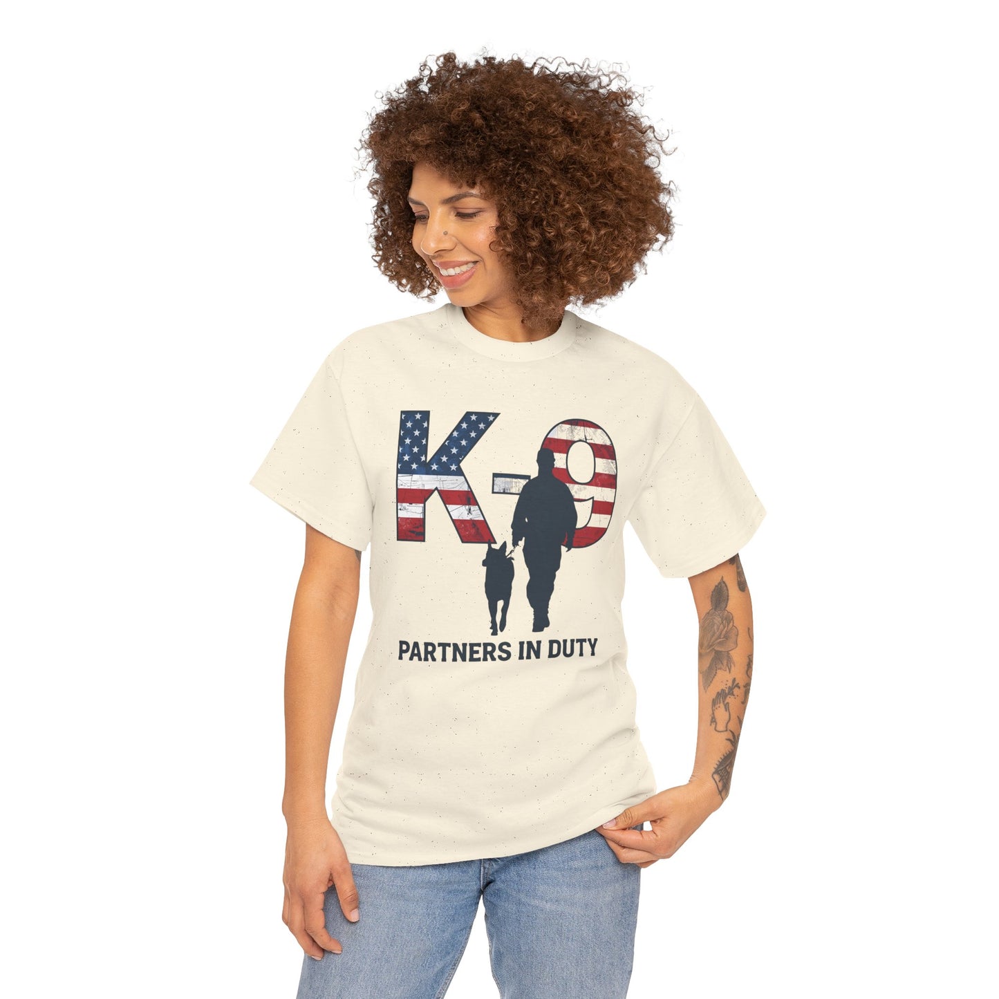 Patriotic K-9 T-Shirt - Partners in Duty Tee | Unisex Heavy Cotton Tee for Dog Lovers, Military Support, Gifts for Dog Handlers