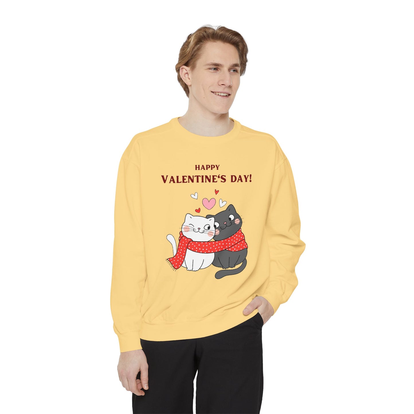 Unisex Valentine's Day Sweatshirt With Black and Grey Cat Couple and Caption Happy Valentine's Day