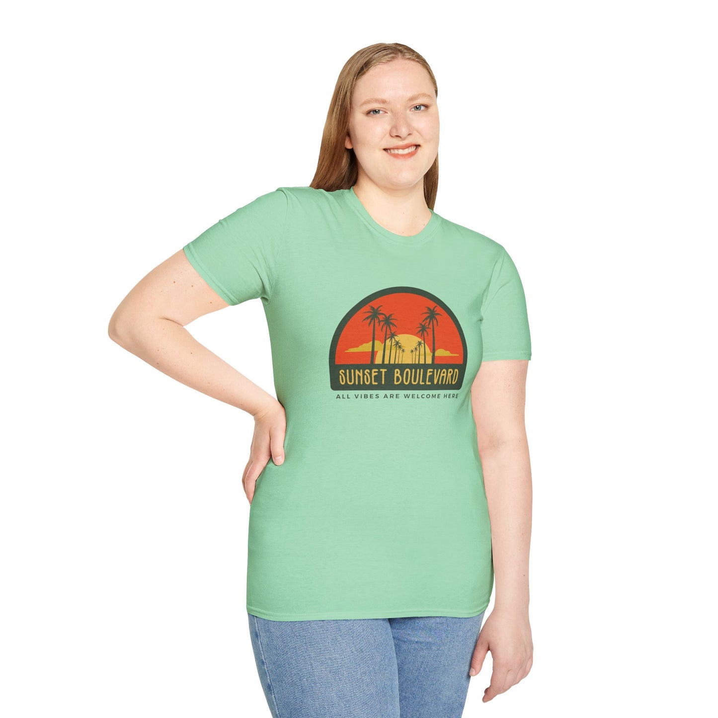 Sunset Boulevard Unisex Softstyle T-Shirt, Retro Beach Tee, Vacation Shirt, Summer Apparel, Travel Gift