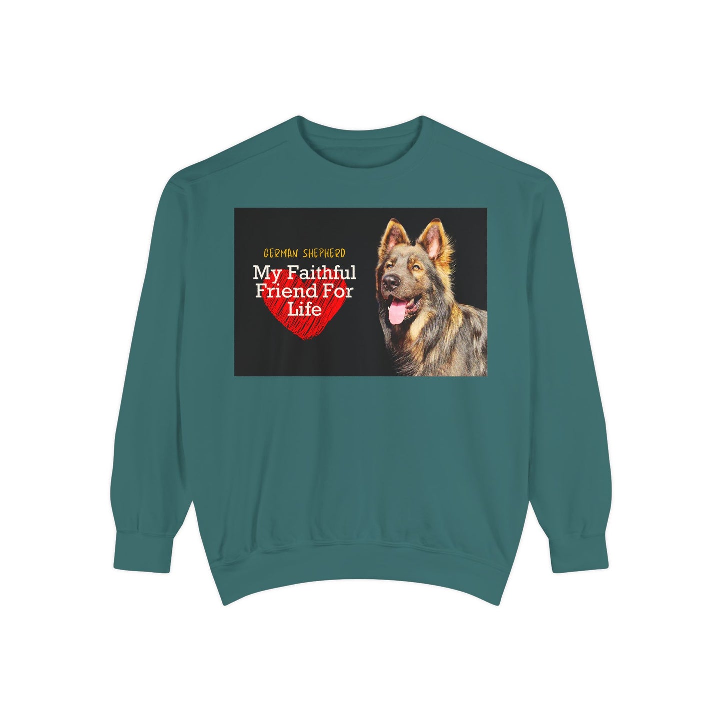 Unisex Dog Lover Sweatshirt With a Giant Old-Fashioned German Shepherd and Caption Faithful Friend on Top of Red Heart