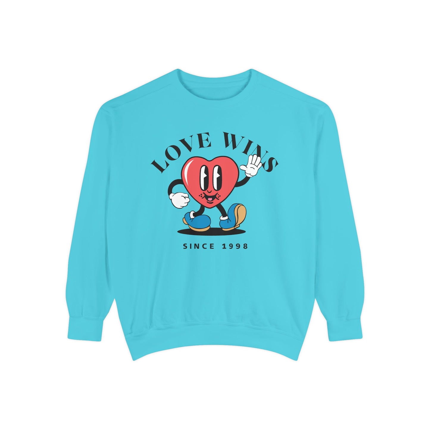 Unisex Valentine's Day Vintage Sweatshirt With a Heart Character and Caption Love Wins