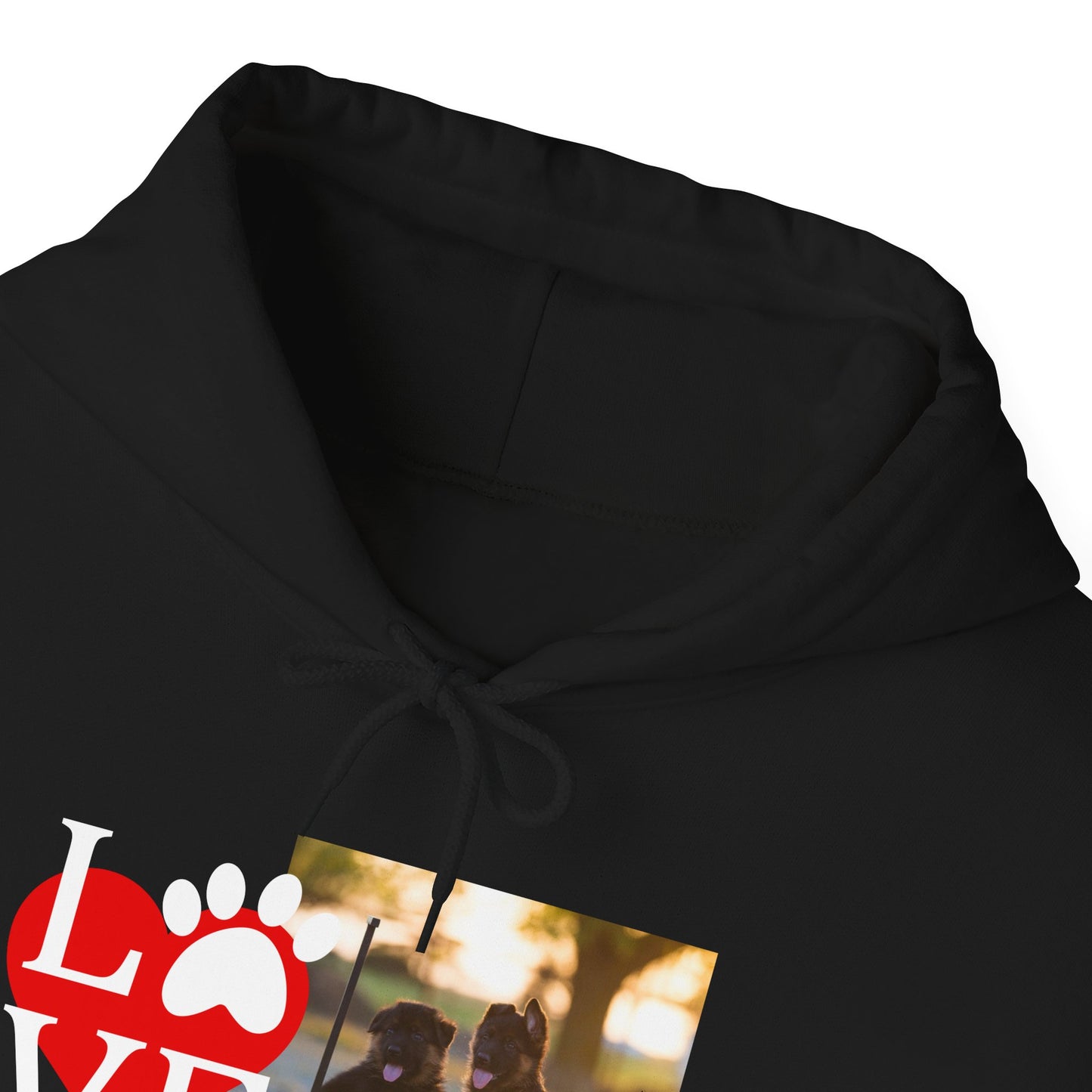 Unisex Dog Lover Hoodie With Two Cute German Shepherd Puppies Sitting on a Cart and Caption Love On Top of Red Heart