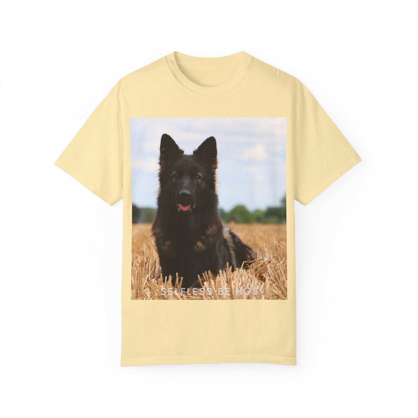 Unisex Dog Lover T-Shirt With Beautiful German Shepherd Sitting Over a Stover and Caption Selfless Beings