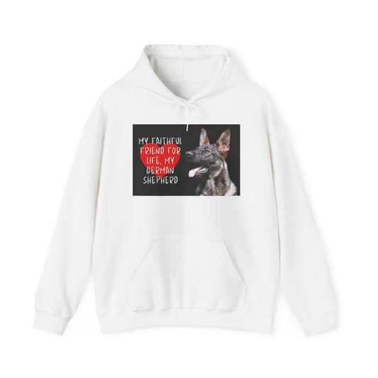Unisex Dog Lover Hoodie With a Working Line German Shepherd and Caption Faithful Friend on Top of Red Heart