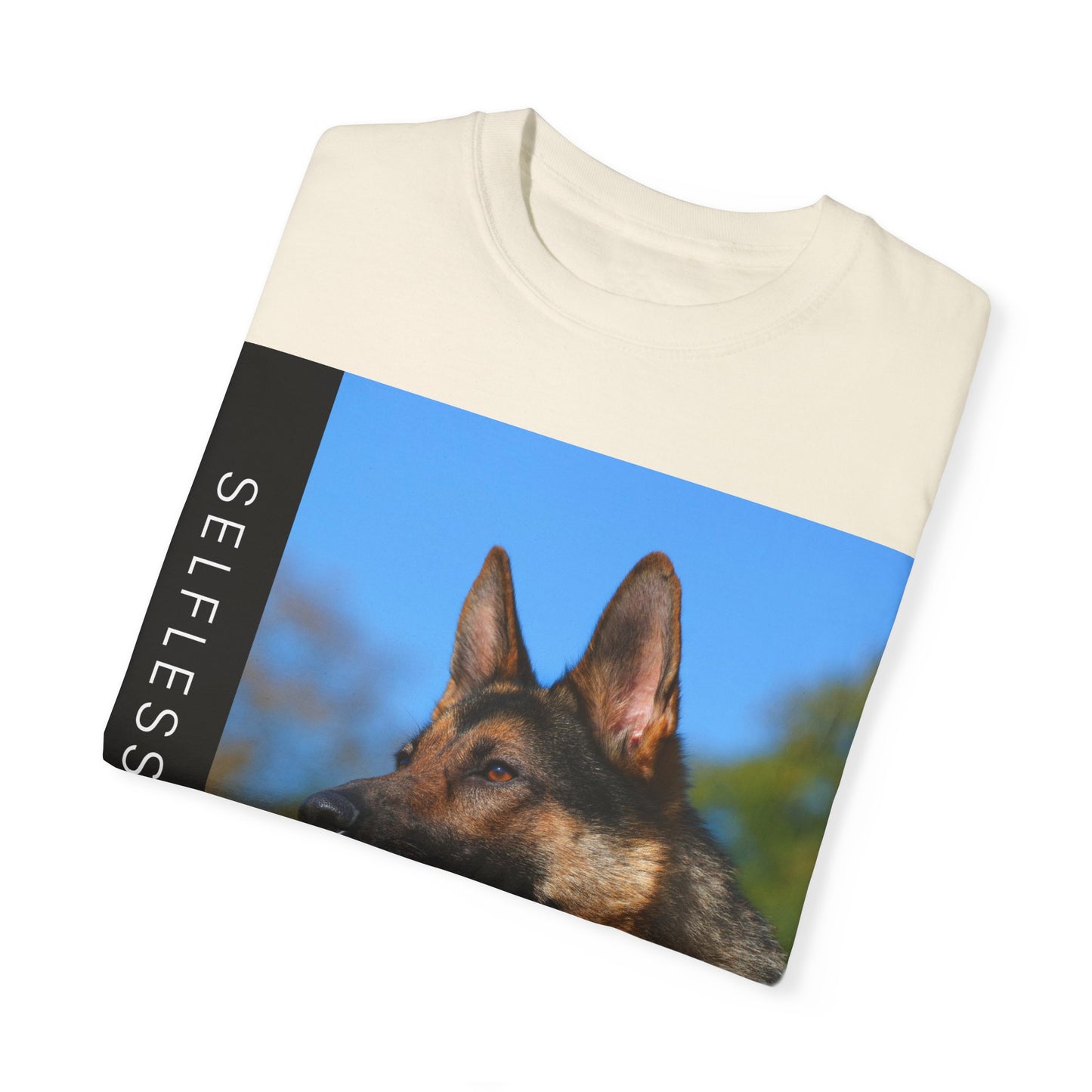 Unisex Dog Lover T-Shirt With a Portrait of a German Shepherd Over Nature Background and Caption Selfless Beings