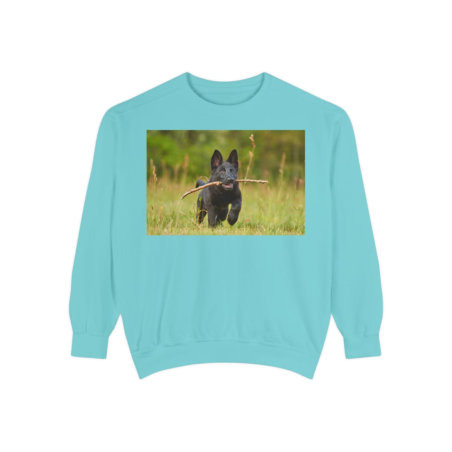 Unisex Dog Lover Sweatshirt With Black German Shepherd Puppy Running on the Grass Holding a Stick in the Mouth