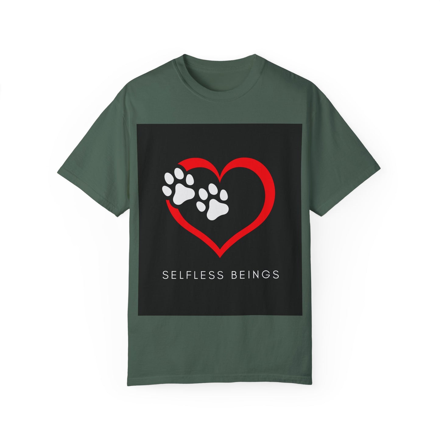 Unisex Dog Lover T-Shirt With Graphic of Red Heart That Contains Two White Dog Paw Prints and Caption Selfless Beings