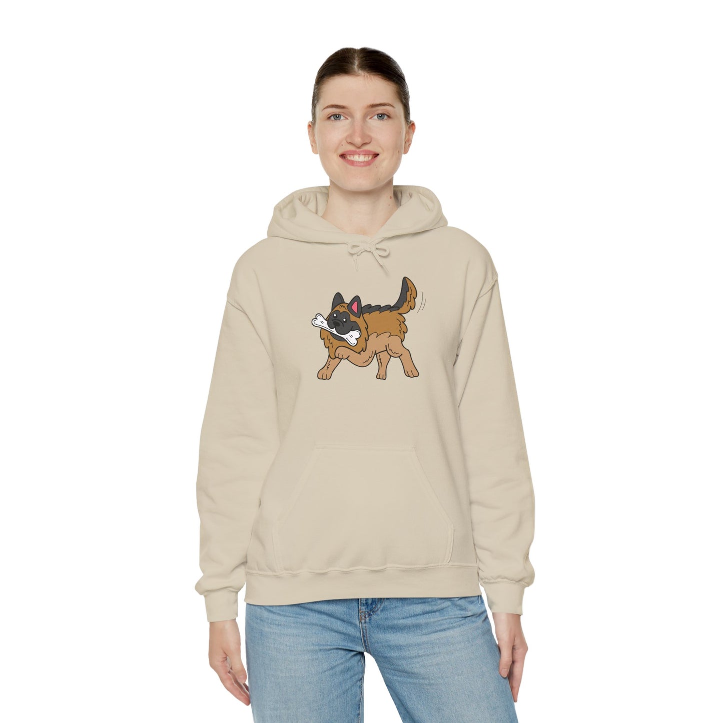 Unisex Dog Lover Hoodie With a Graphic of a German Shepherd Holding a White Bone in Mouth