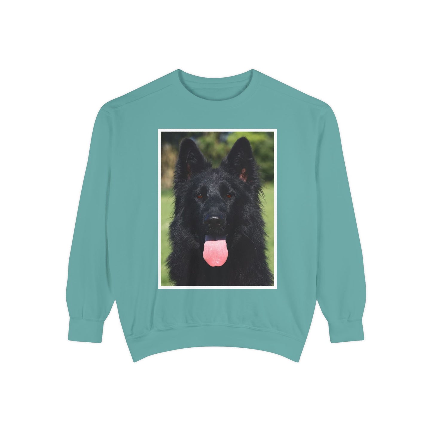 Unisex Dog Lover Sweatshirt With a Close Up of Solid Black German Shepherd Leaving Hanging Tongue