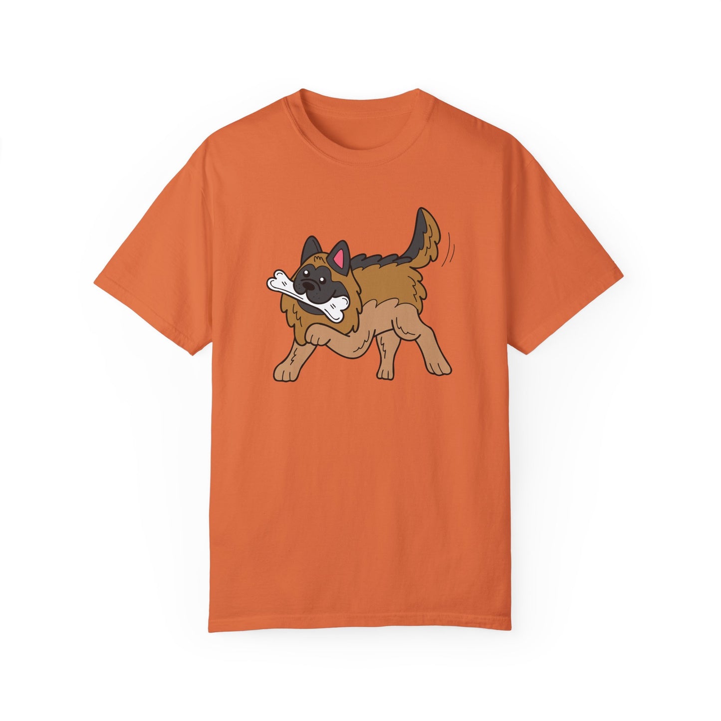 Unisex Dog Lover T-Shirt With a Graphic of a German Shepherd Holding a White Bone in Mouth