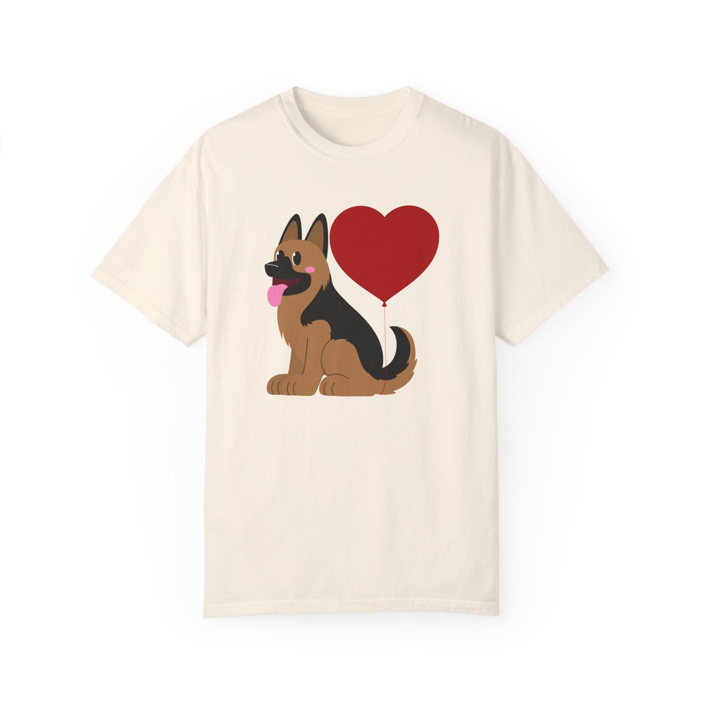 Unisex Dog Lover T-Shirt With a Graphic of German Shepherd Puppy and Heart Shaped Balloon Attached With Tail