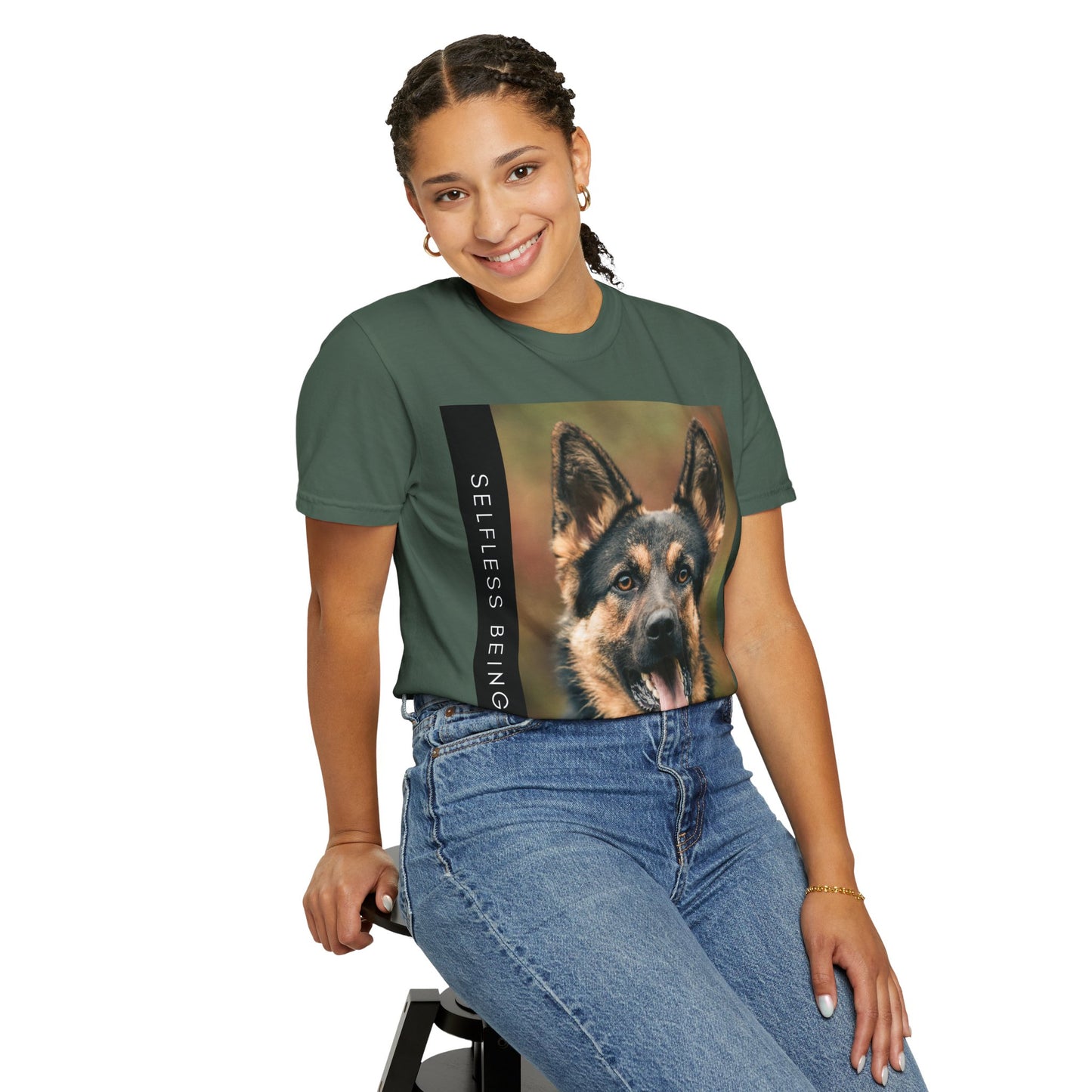Unisex Dog Lover T-Shirt With Close Up of German Shepherd Leaving His Tongue Out and Caption Selfless Beings