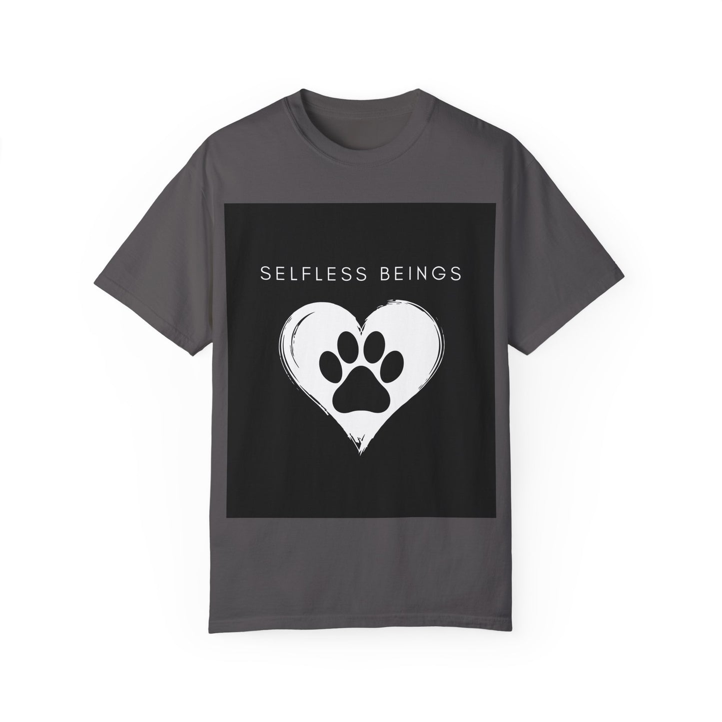 Unisex Dog Lover T-Shirt With Black Paw Print of a Dog Inside a White Heart and Caption Selfless Beings